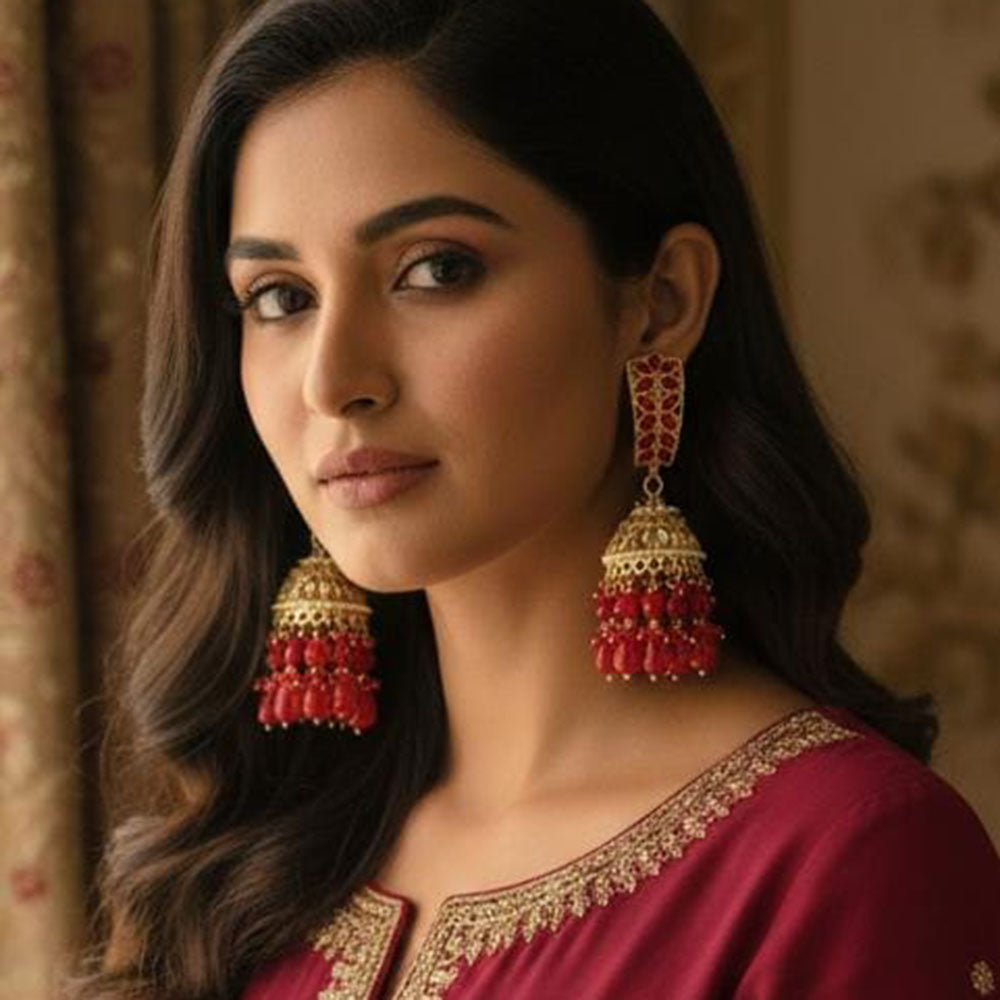 ZF Collection Royal Crystal Stone And Beaded Jhumki Earrings