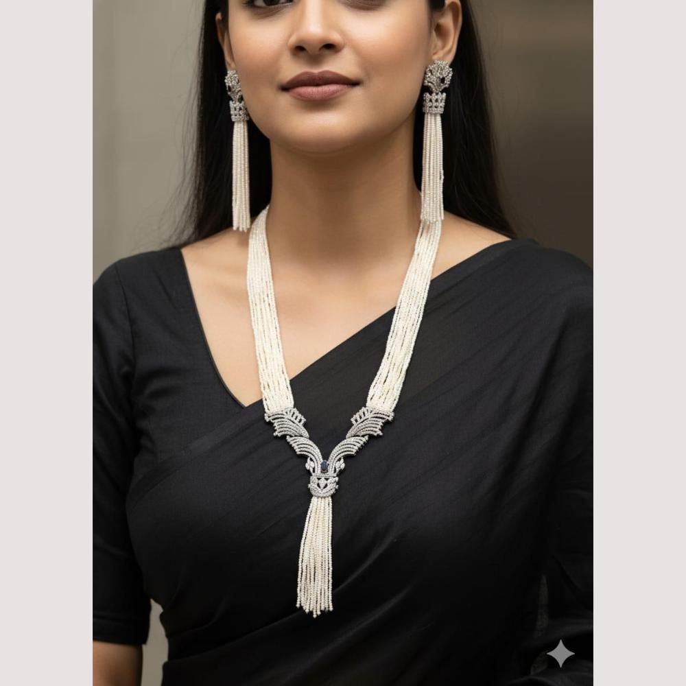 ZF Collection Glamorous American Diamond And Pearl Long Necklace Set