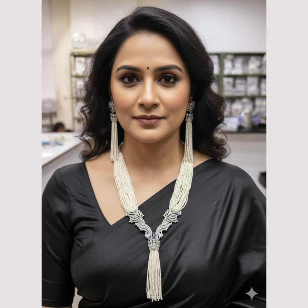 ZF Collection Glamorous American Diamond And Pearl Long Necklace Set
