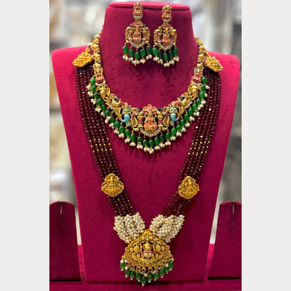 ZF Collection Heritage Temple Style Pearl And Beads Double Necklace Set