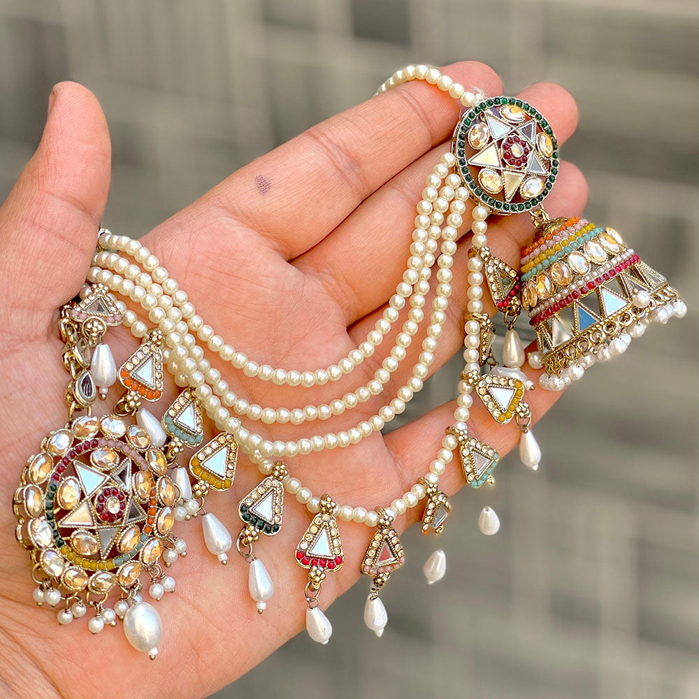 ZF Collection Royal Mirror And Pearl Jhumki Earrings with Maangtikka Set