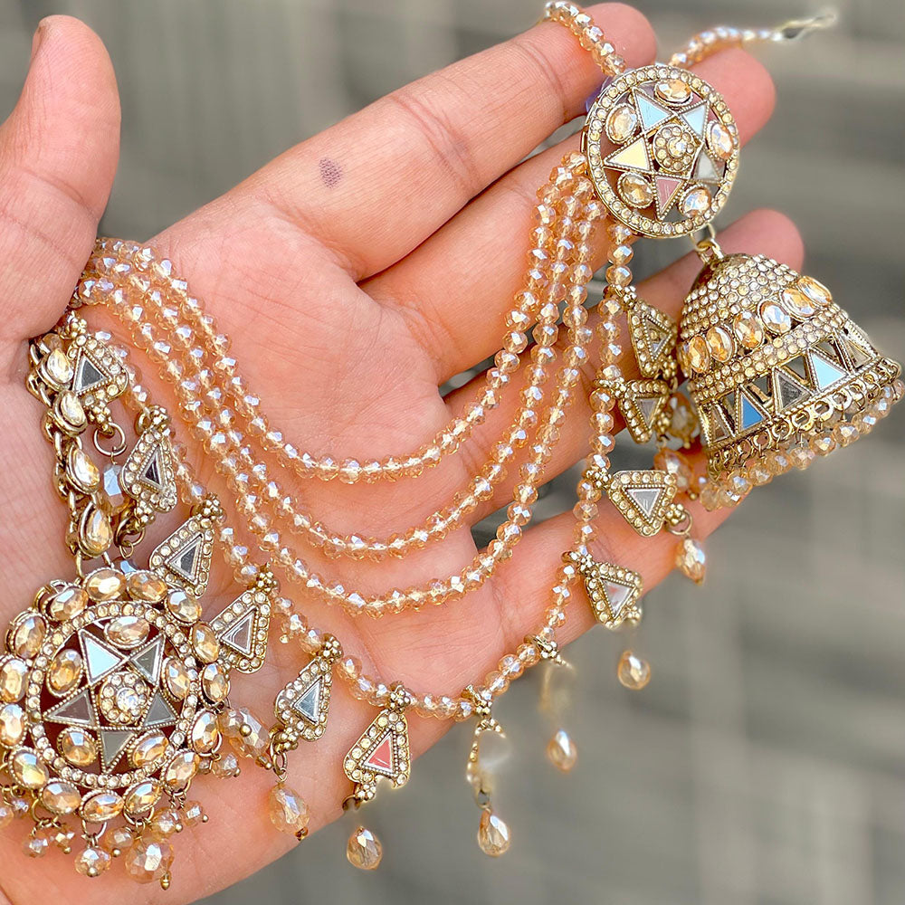 ZF Collection Royal Mirror And Pearl Jhumki Earrings with Maangtikka Set