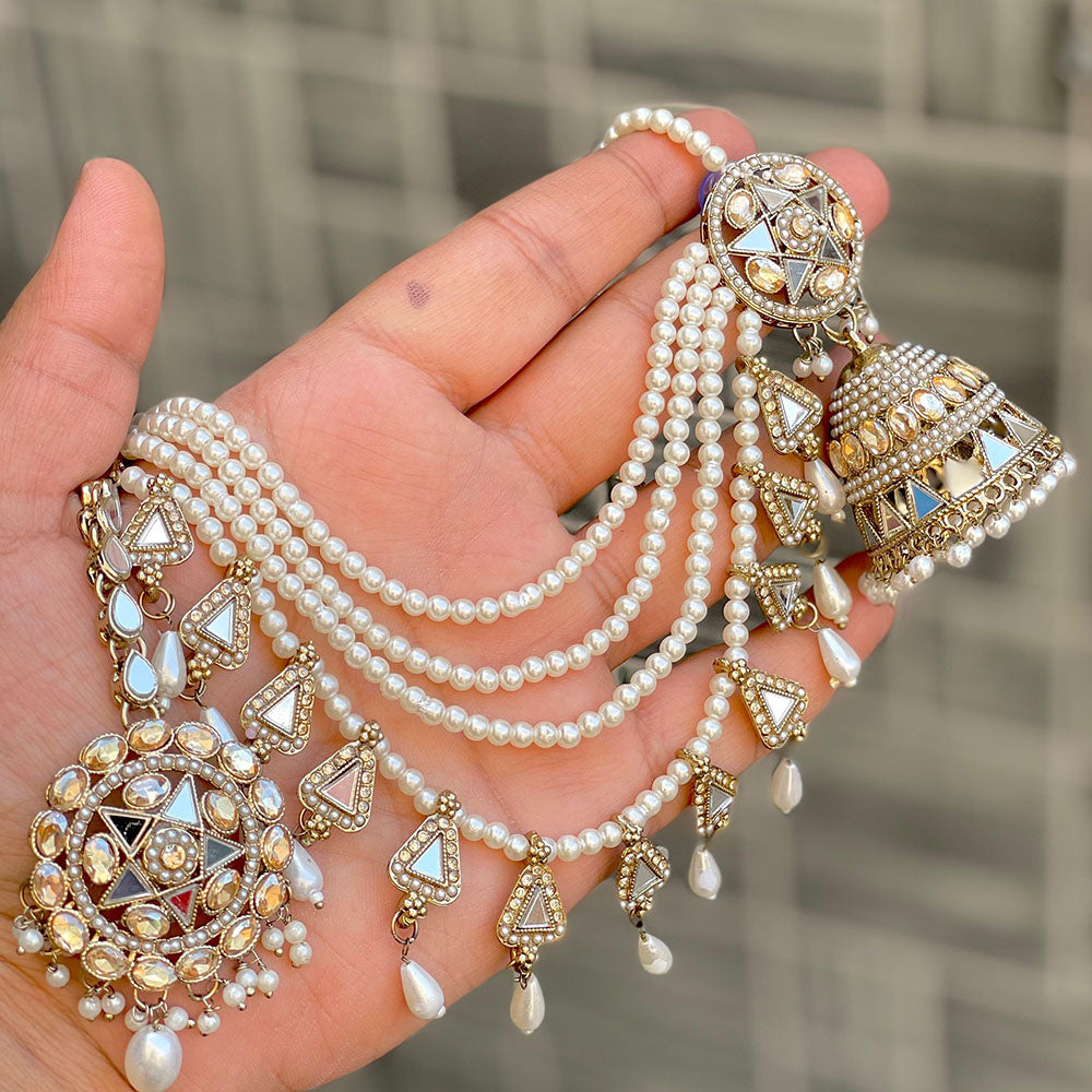 ZF Collection Royal Mirror And Pearl Jhumki Earrings with Maangtikka Set