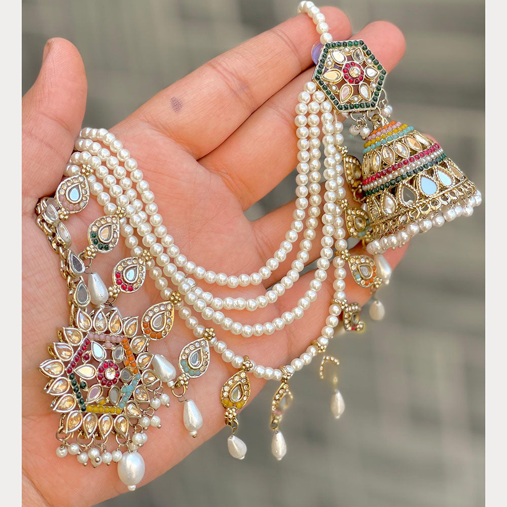 ZF Collection Royal Mirror And Pearl Jhumki Earrings with Maangtikka Set