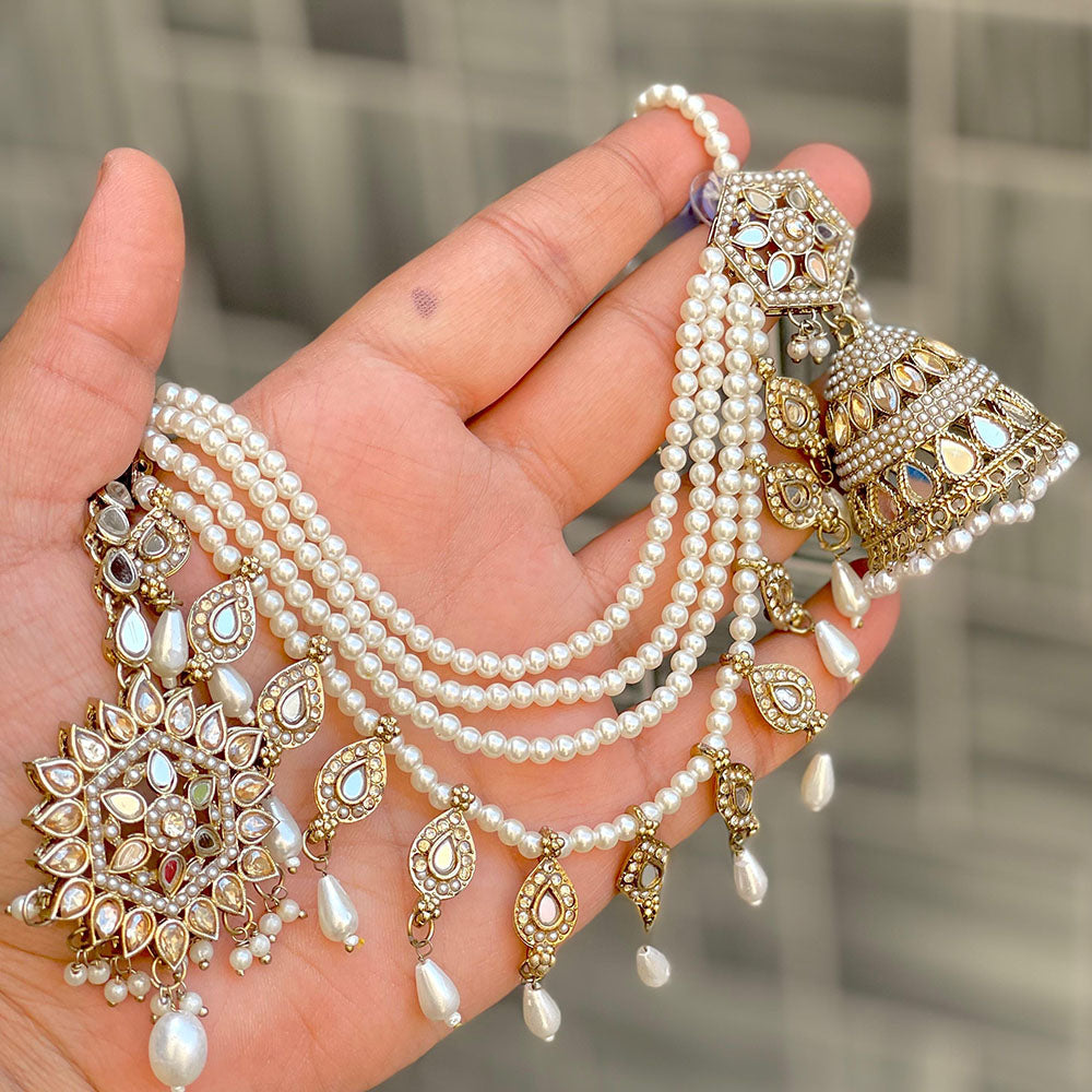ZF Collection Royal Mirror And Pearl Jhumki Earrings with Maangtikka Set