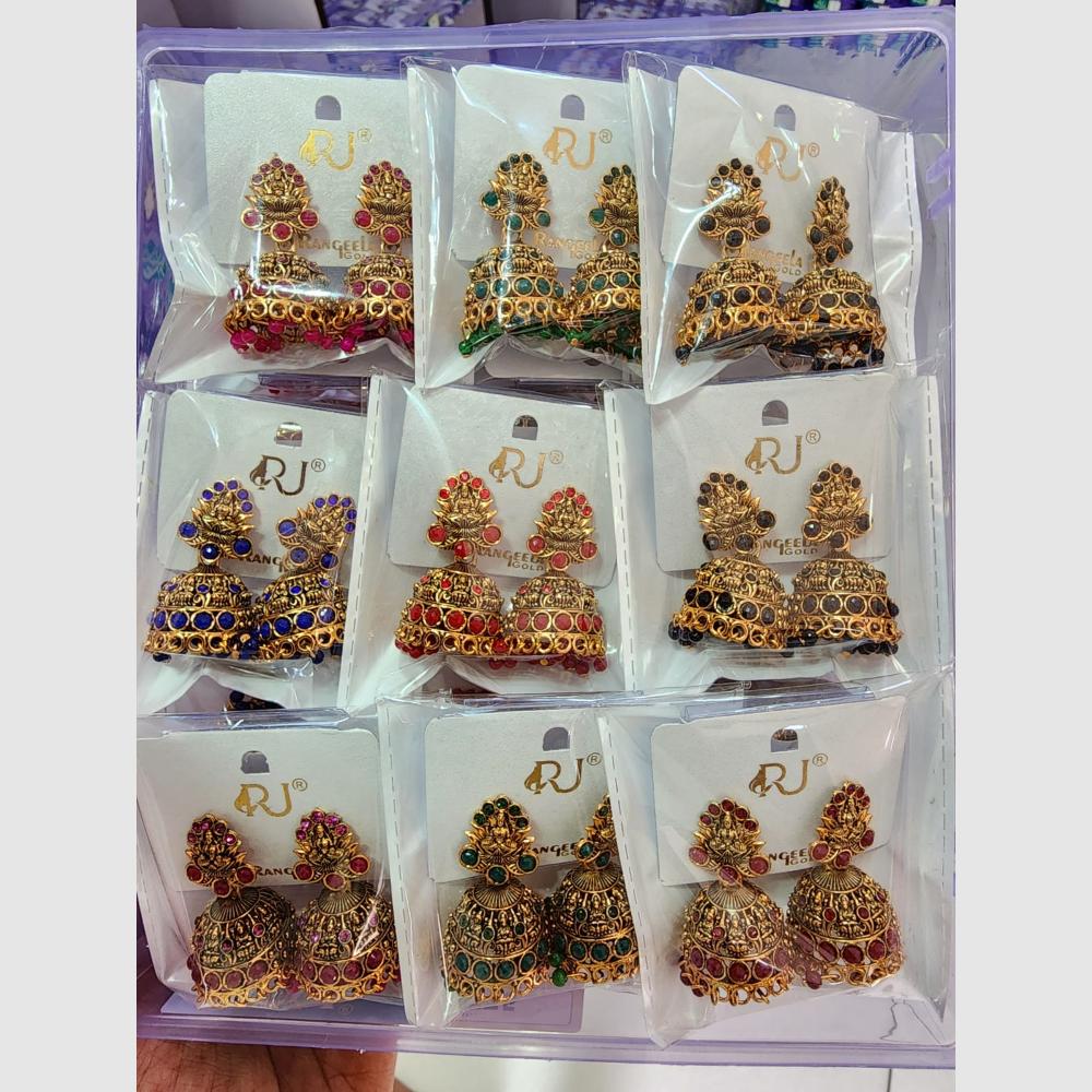 Rekha Gold Pota Stone And Pearl Temple Designer Jhumki Earrings (Pack of 27)