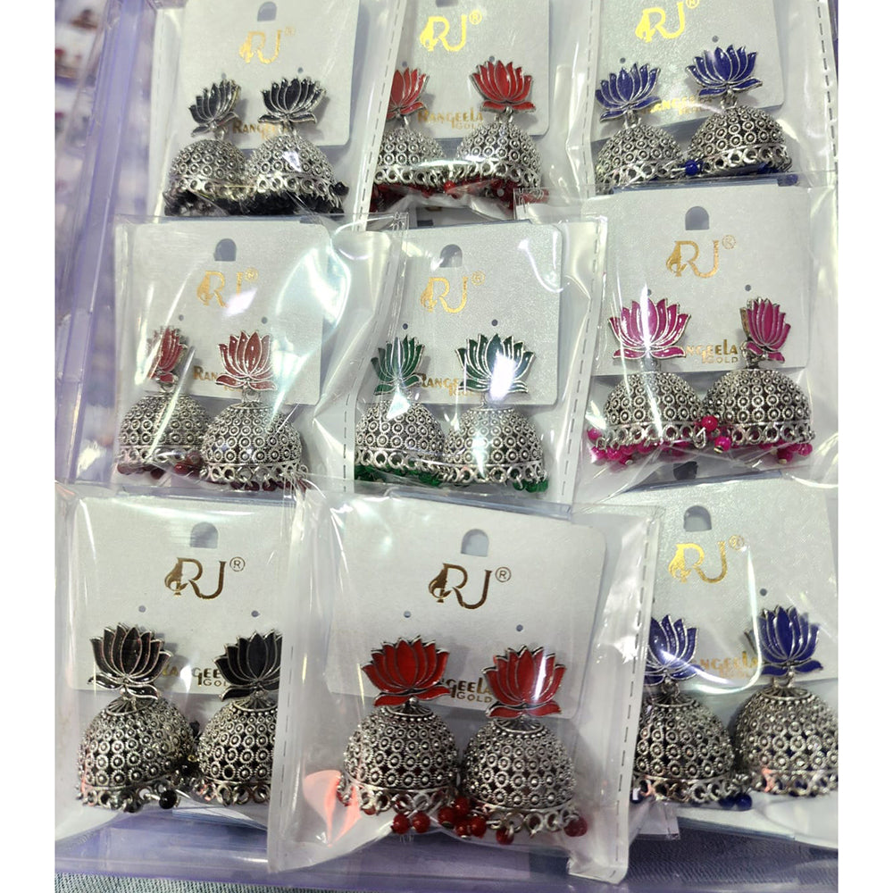 Rekha Gold Oxidised Plated Royal Lotus Meenakari And Pearl Designer Jhumki Earrings (Pack of 27)