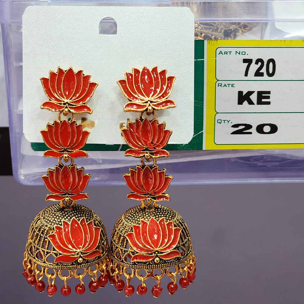 Rekha Gold Oxidised Plated Royal Lotus Meenakari And Pearl Designer Jhumki Earrings (Pack of 20)