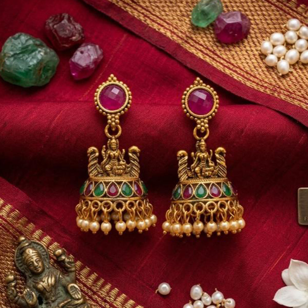 Kishi Jewels Pota Stone And Pearl South Indian Style Temple Jhumki Earrings  (Pack of 12)