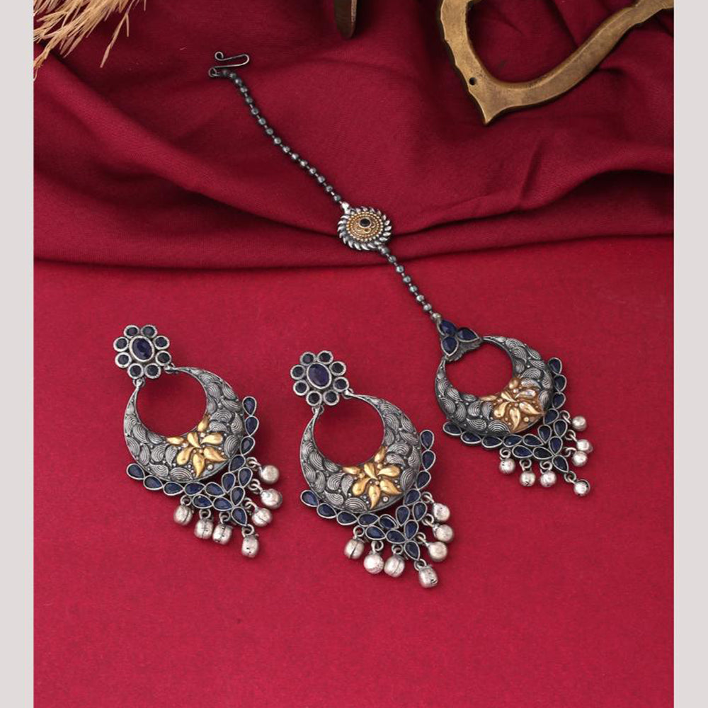 Viraasi 2 Tone Plated Pota Stone And Pearl Dangler Earrings With Maangtikka 