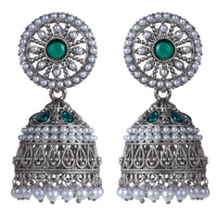 Wearhouse Fashion Oxidised Plated Pota Stone And Pearls Jhumki Earrings