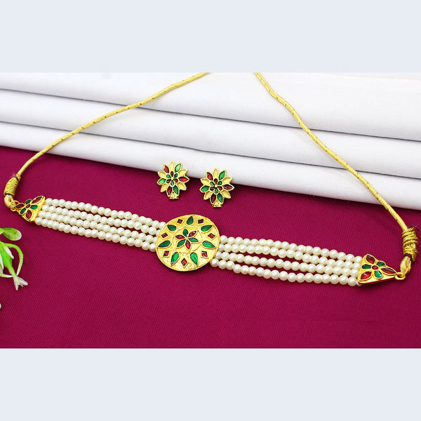 Mahavir Dye Gold Pearl Choker Necklace Set