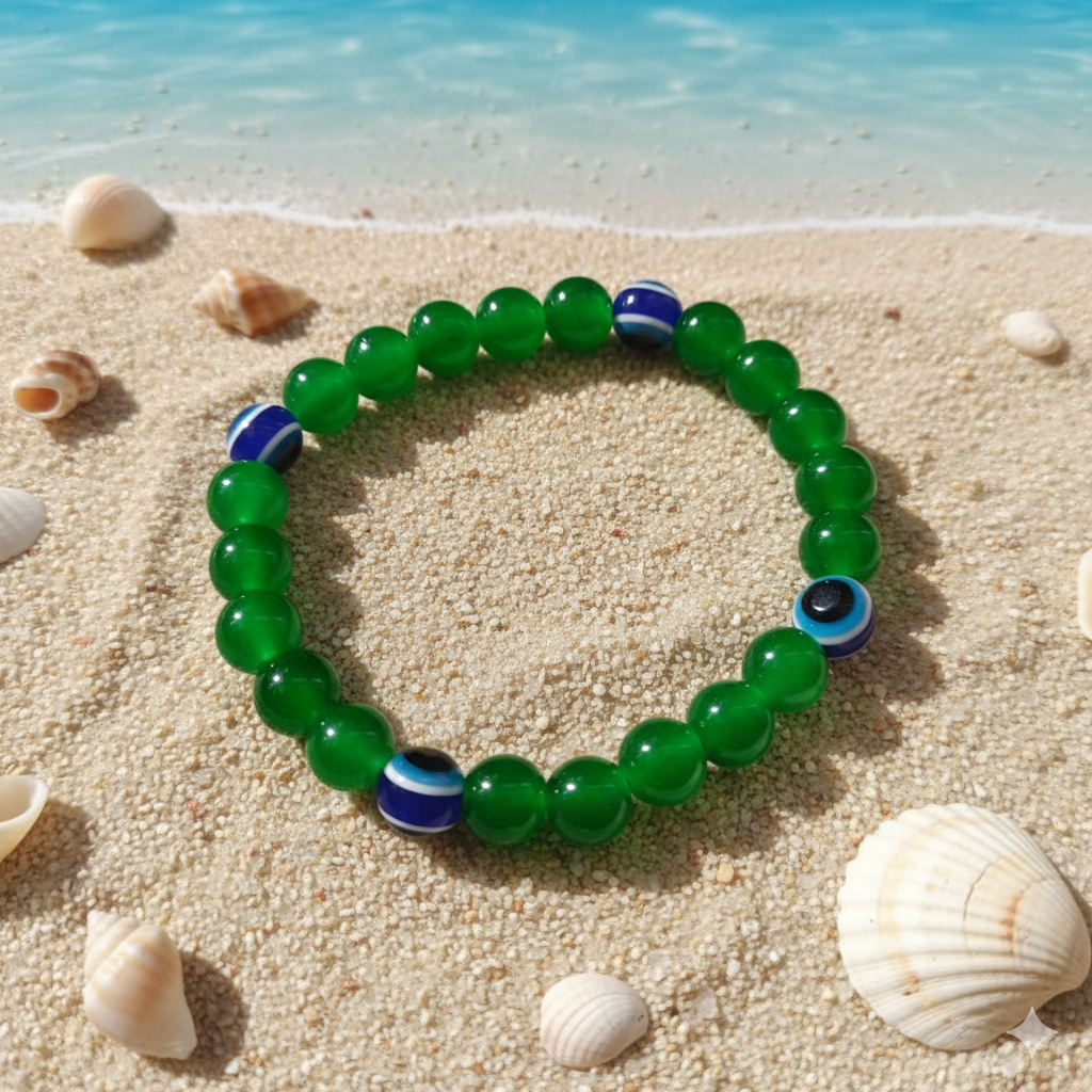 Urthn Trendy Green Beaded Bracelet with Blue Evil Eye Beads ( pack of 6 )