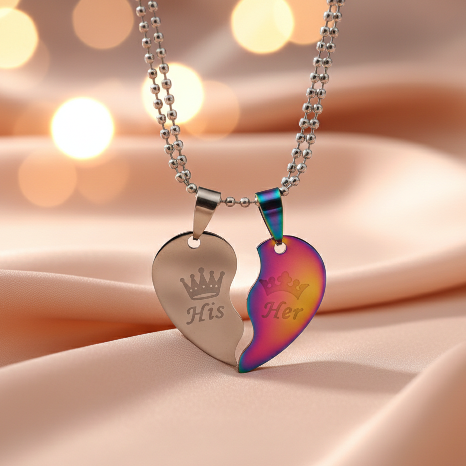 Urthn Heart Shape " HIS HER" Couple Chain Pendant- 1404894 (Pack Of 6)