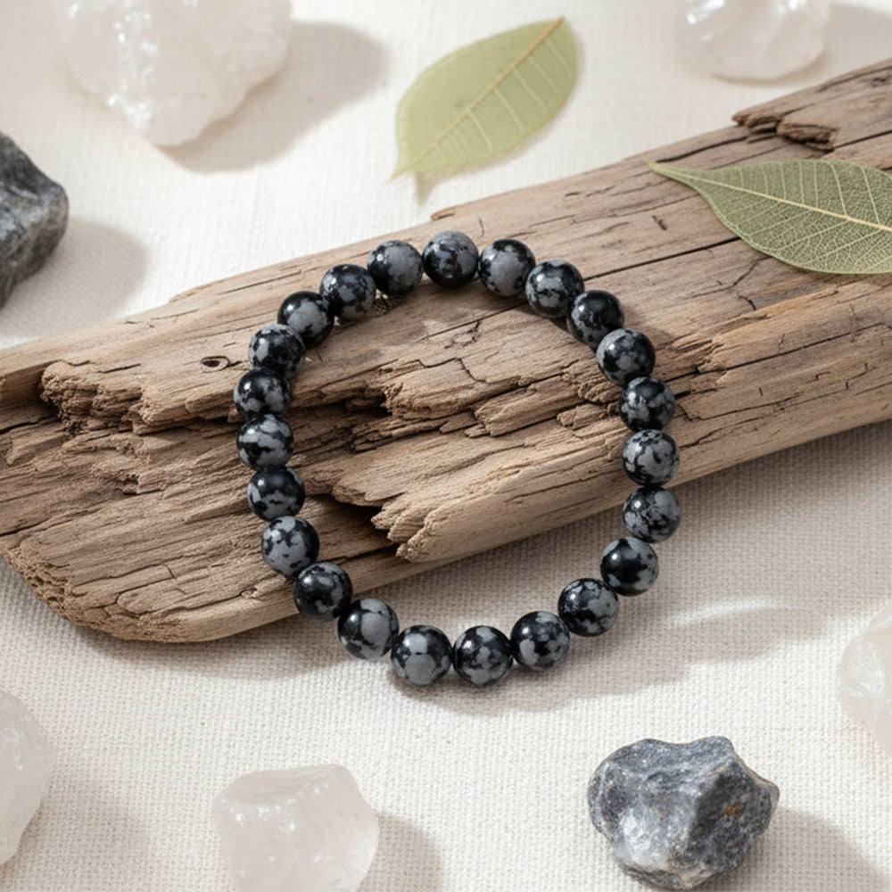 Urthn Snowflake Obsidian Natural Stone Bracelets(Pack of 3)