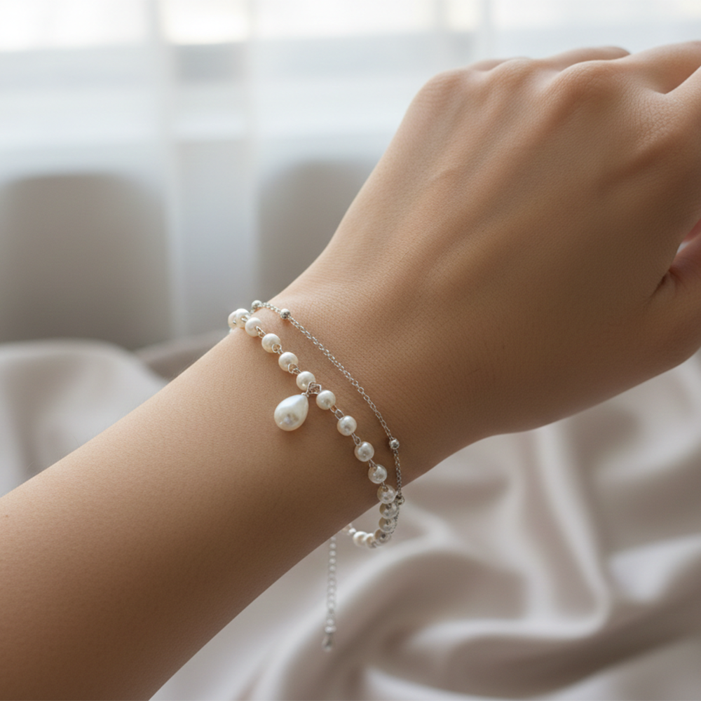 Urthn Silver Plated Pearl Multi Layer Bracelet(Pack of 6)
