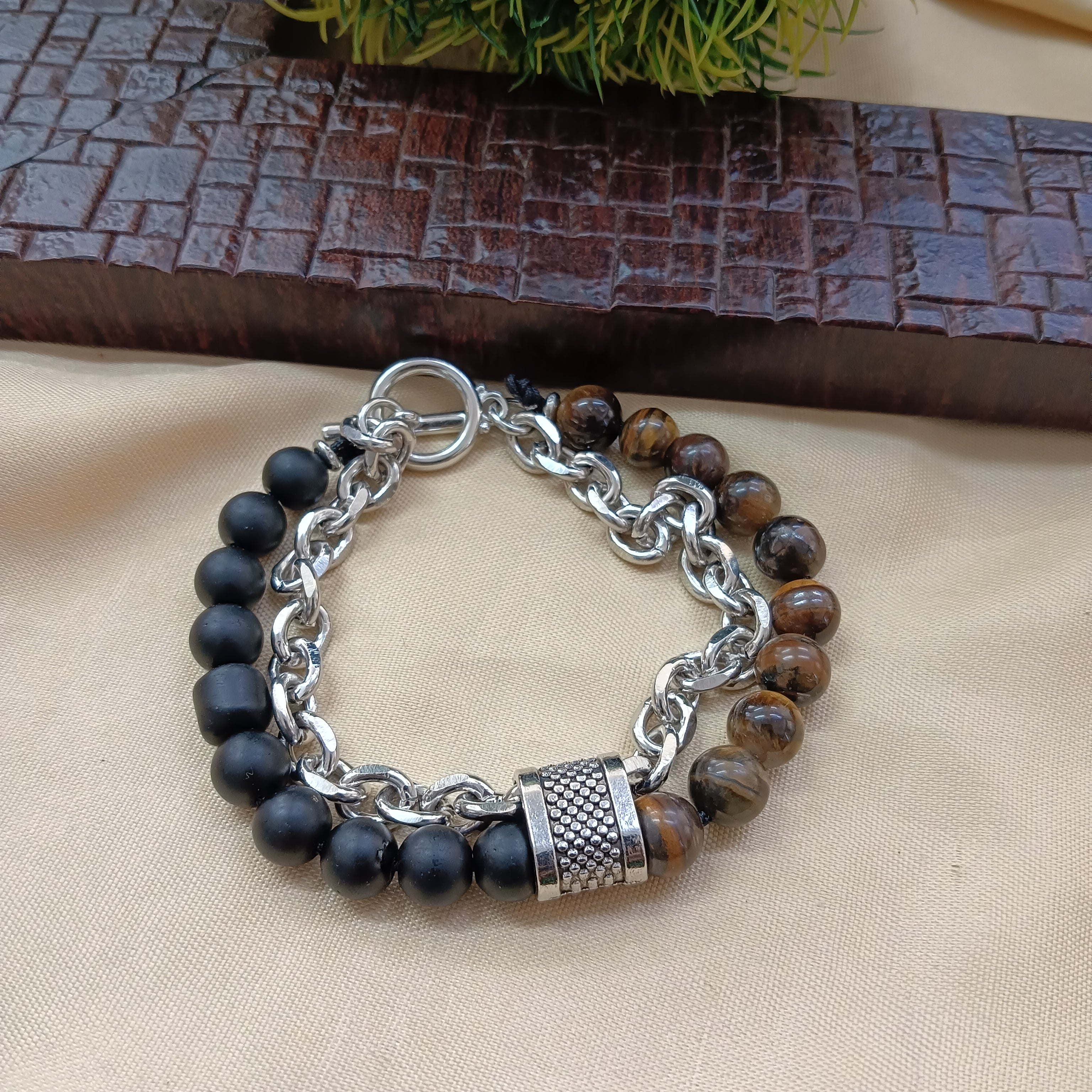Urthn Tiger Eye And Black Beads Chain Bracelet For Men (Pack of 6)