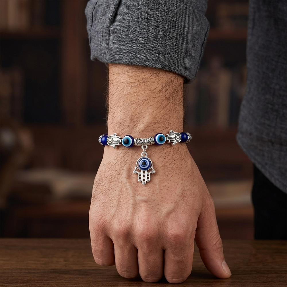 Urthn Evil Eye & Hamsa Hand Beaded Bracelet for Men   (Set of 6)