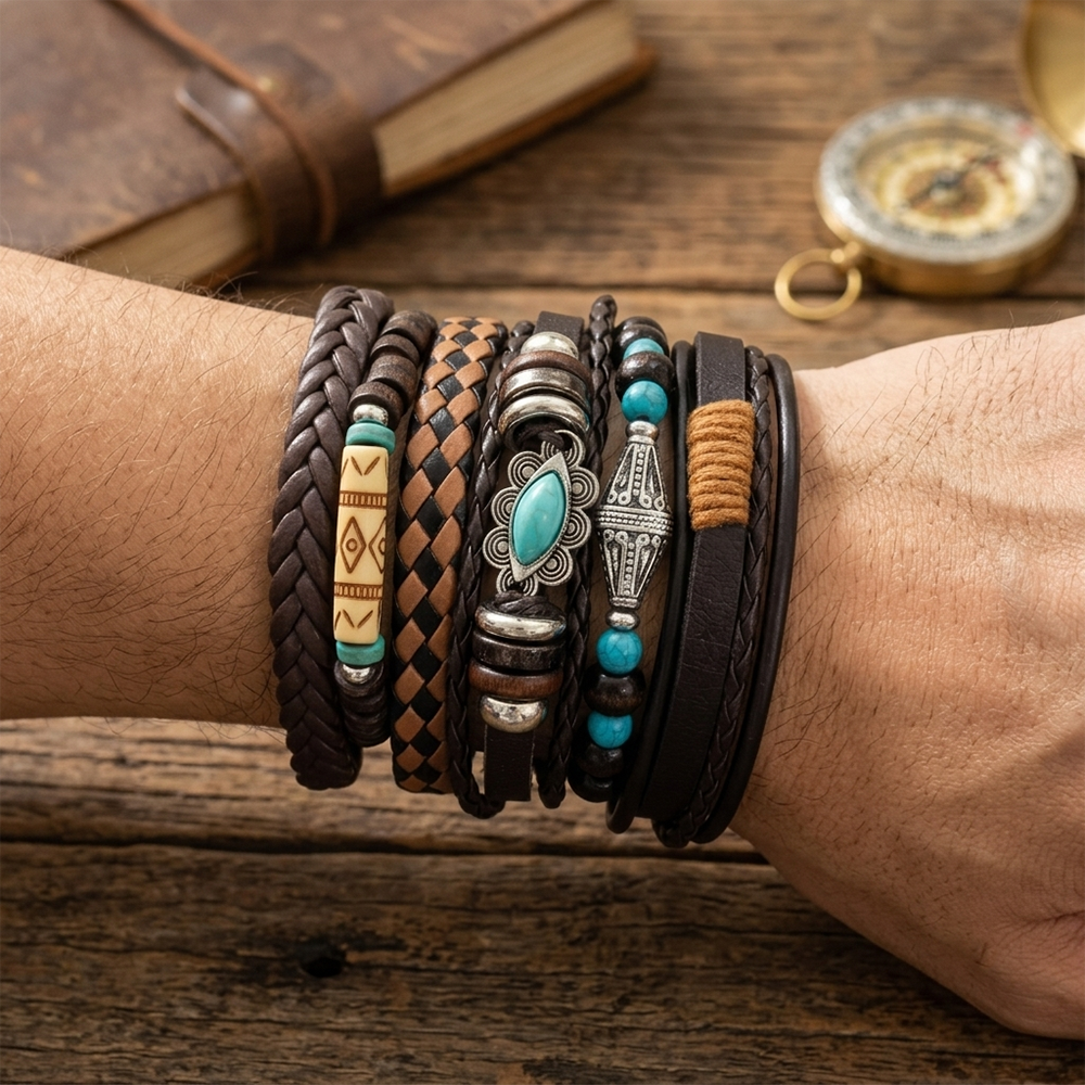 Urthn Layered Beaded Charm Bracelet with Woven Strap Design For Men (Set of 6)