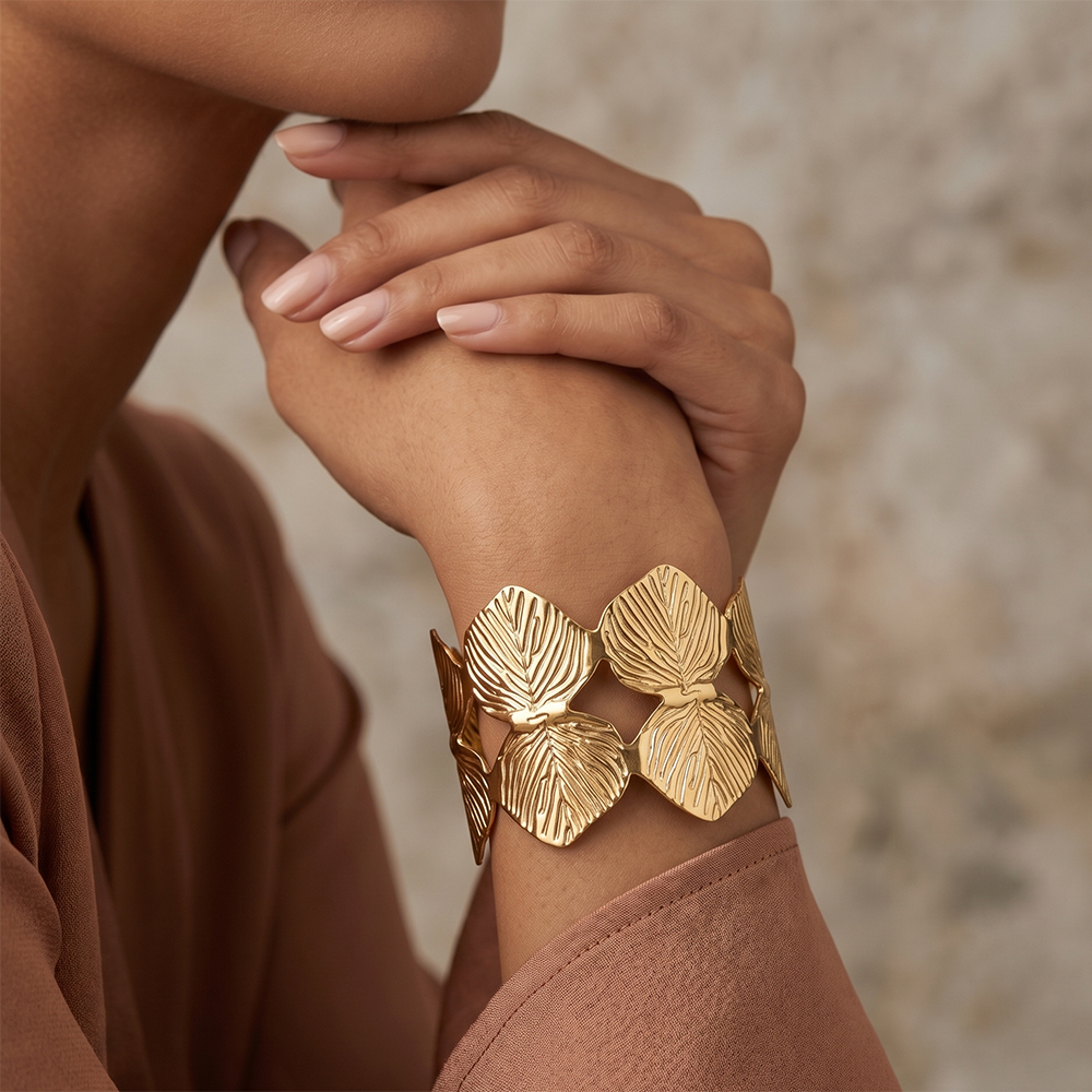 Urthn Elegant Gold Leaf Design Cuff Kada Bracelet for Women(Pack of 3)