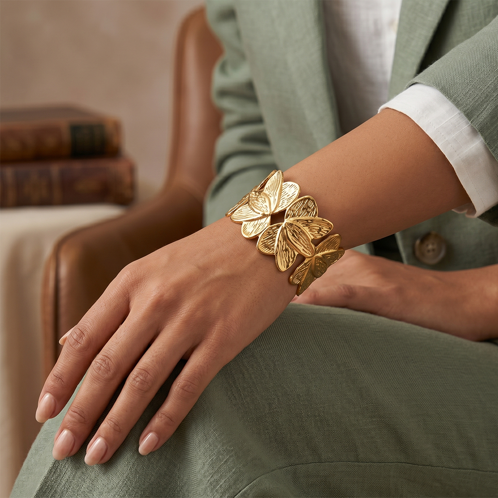 Urthn Premium Gold Finish Butterfly Pattern Open Cuff Kada(Pack of 3)