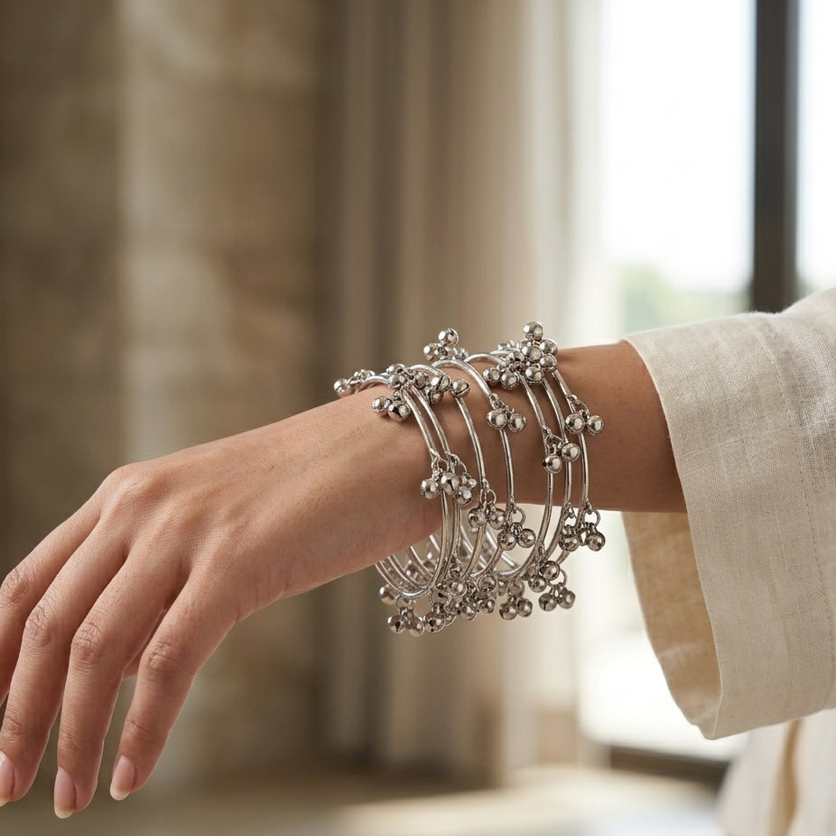 Urthn Silver Plated Viral Designer Ghunghroo Kashmiri Bangles Set (8 Piece in Set) - Pack of 3