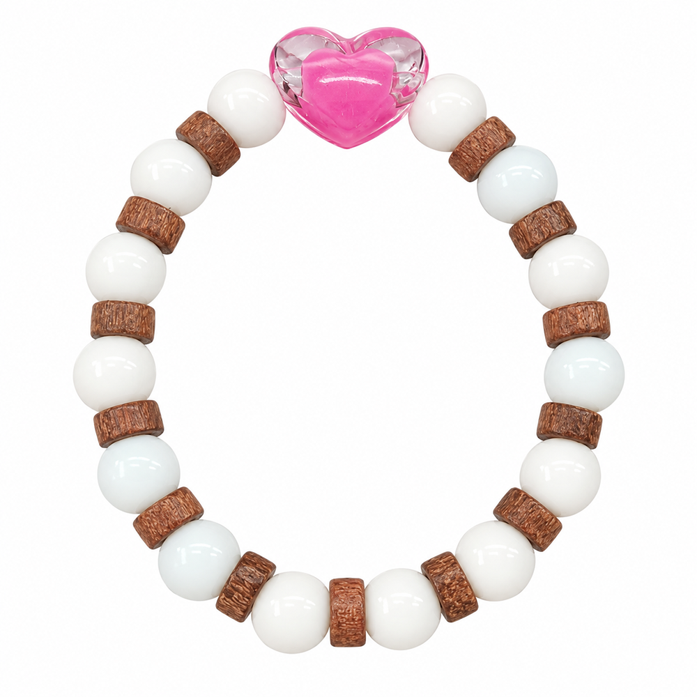 Urthn White Beaded Bracelet with Heart Charm & Wooden Bead Accents(Pack of 12)