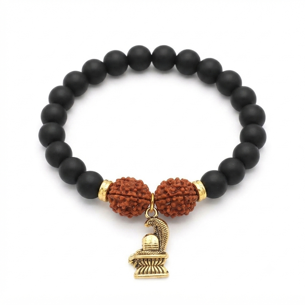 Urthn Rudraksha & Matte Beads Bracelet with Shivling Charm for Mens(Pack of 12)