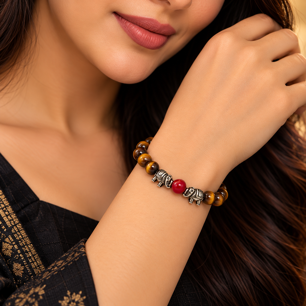 Urthn Trendy Tiger Beads Bracelet with Elephant Charms for Women & Men's