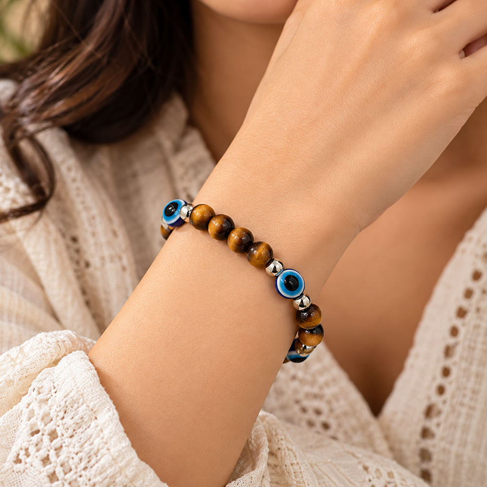 Urthn Trendy Tiger Beads Bracelet with Evil Eye Charms for Women & Men's(Pack Of 3 )