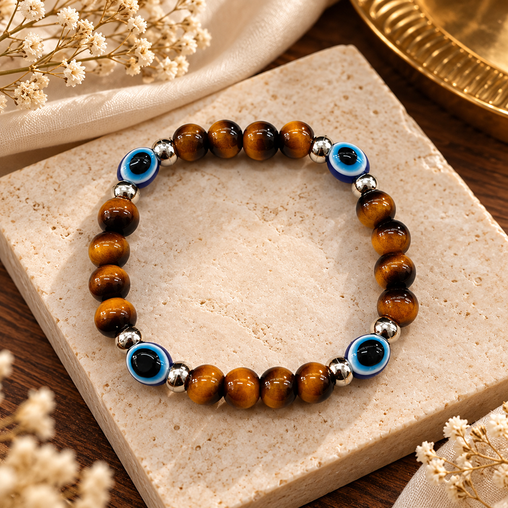 Urthn Trendy Tiger Beads Bracelet with Evil Eye Charms for Women & Men's