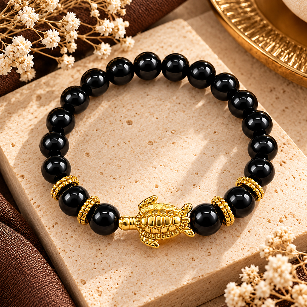 Urthn Trendy Black Beads Bracelet with Gold Plated Turtle Charm for Women & Men's(Pack Of 3 )