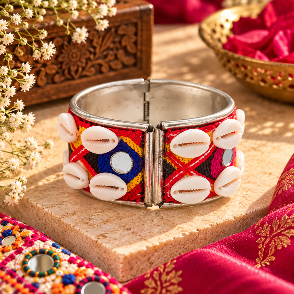 Urthn Colourful Navratri Shell & Mirror Work Traditional Kada Bracelet