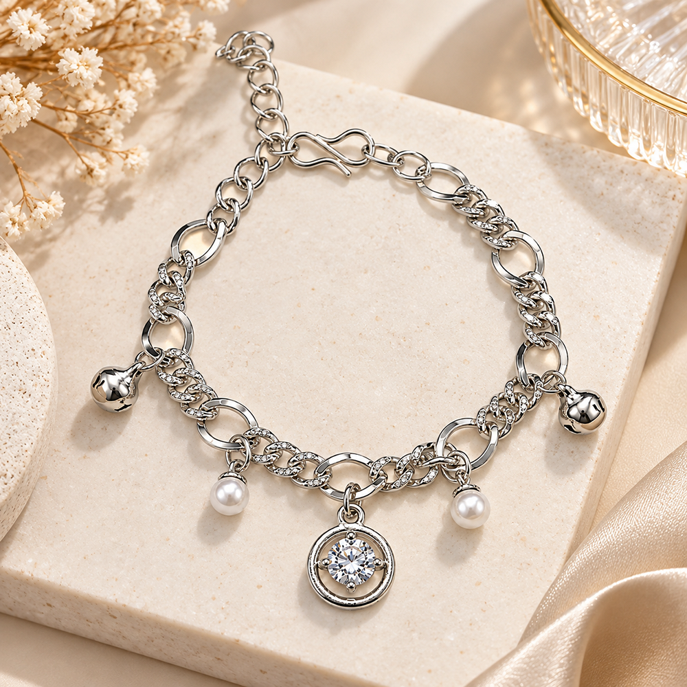 Urthn Fashionable Silver Plated With Round Shape Charm Bracelet with Pearl Drops