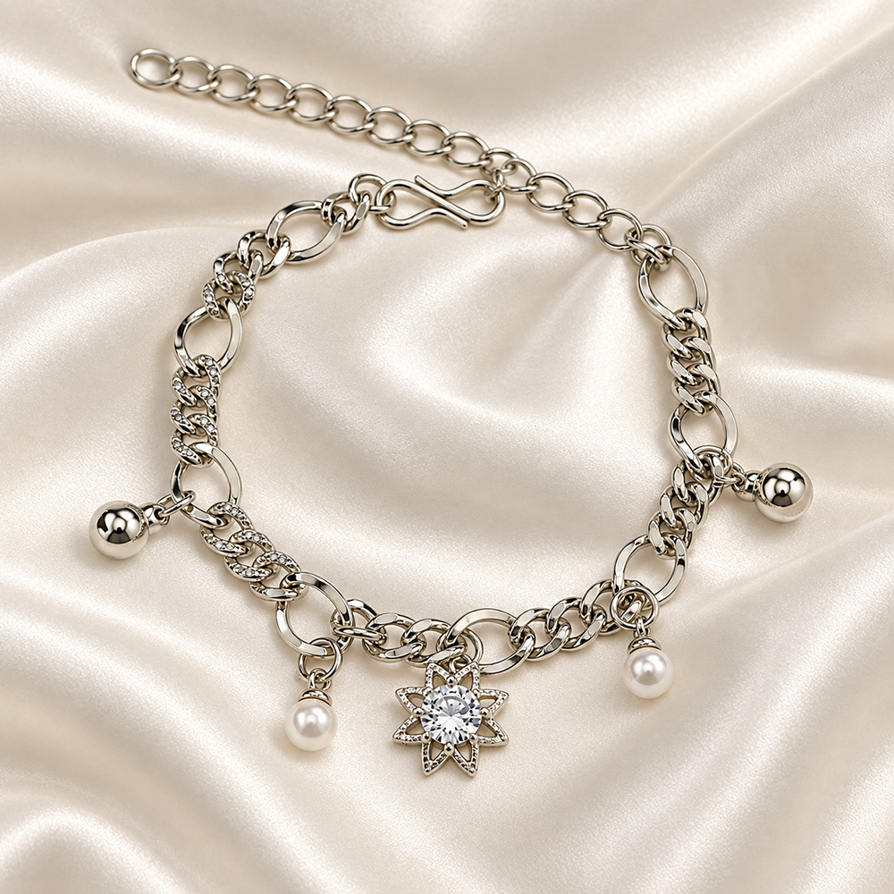 Urthn Fashionable Silver Plated With Floral Shape Charm Bracelet with Pearl Drops