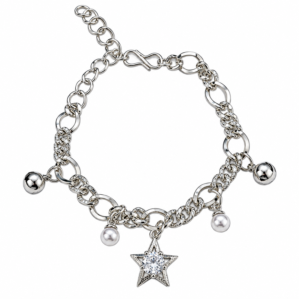 Urthn Fashionable Silver Plated With Star Shape Charm Bracelet with Pearl Drops(Pack Of 6)