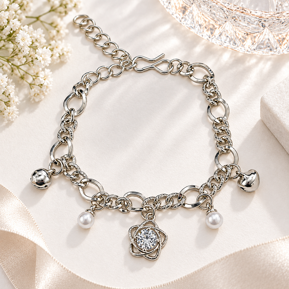 Urthn Fashionable Silver Plated With Star Shape Charm Bracelet with Pearl Drops