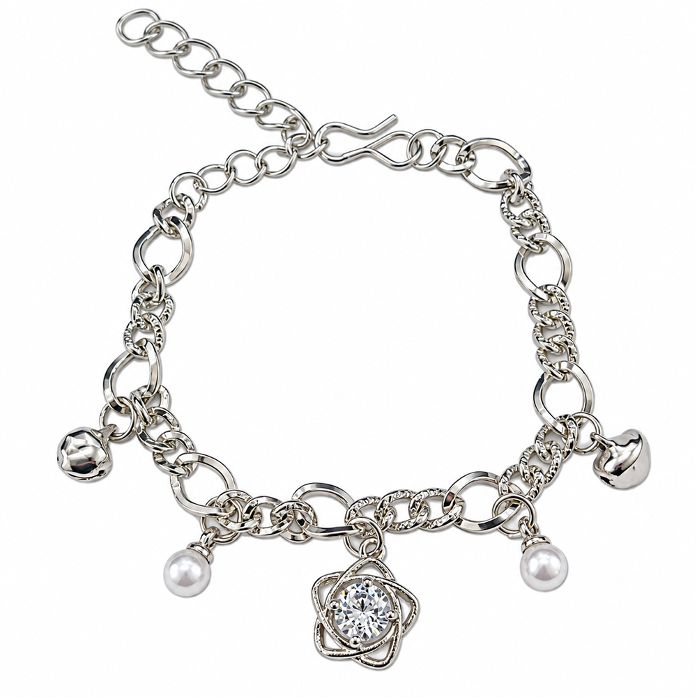 Urthn Fashionable Silver Plated With Star Shape Charm Bracelet with Pearl Drops(Pack Of 6)