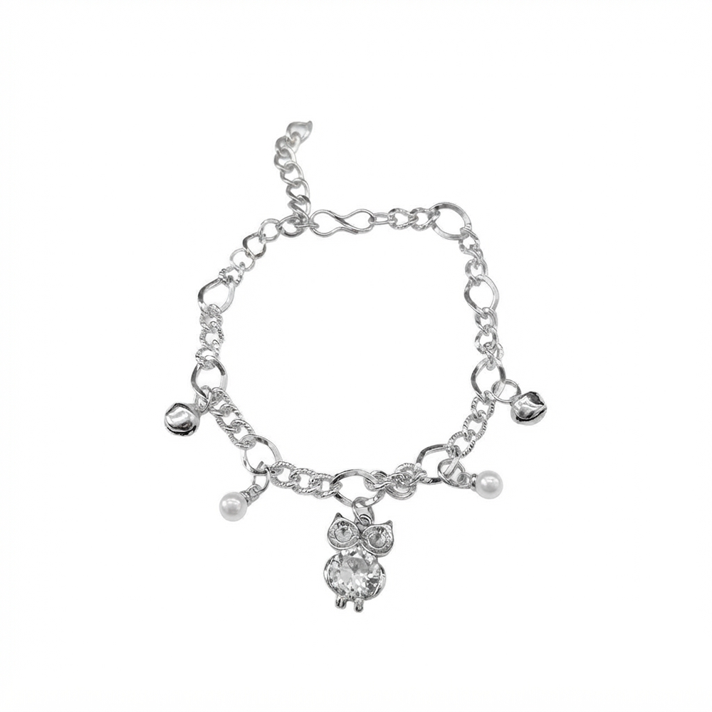 Urthn Fashionable Silver Plated With Owl Shape Charm Bracelet with Pearl Drops(Pack Of 6)