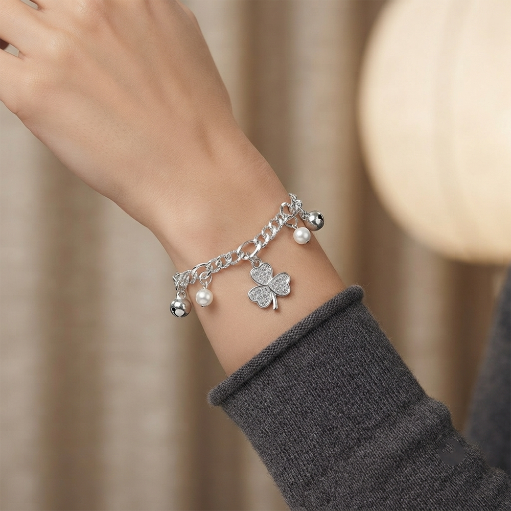Urthn Fashionable Silver Plated With Clover Shape Charm Bracelet with Pearl Drops(Pack Of 6)