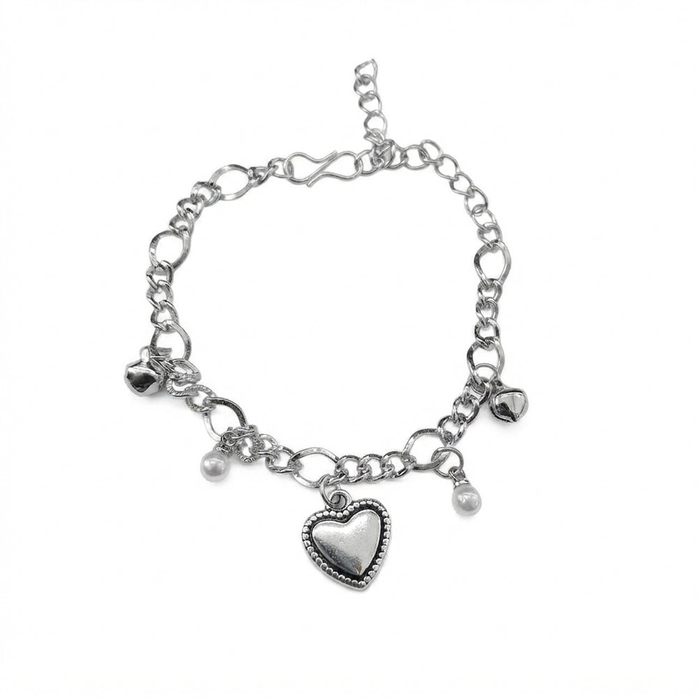 Urthn Fashionable Silver Plated With Heart Shape Charm Bracelet with Pearl Drops(Pack Of 6)