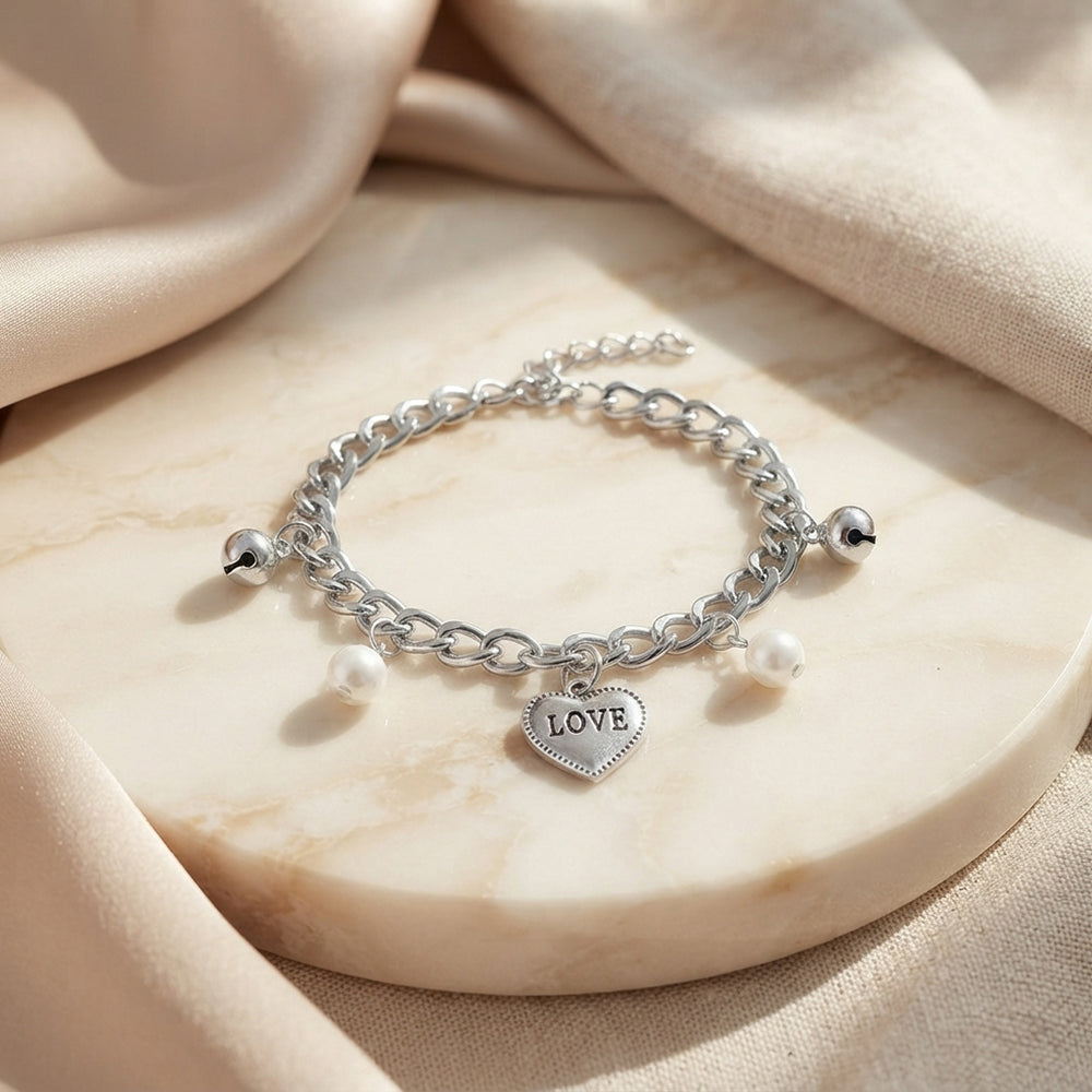 Urthn Fashionable Silver Plated With Heart Shape Charm Bracelet with Pearl Drops(Pack Of 6)