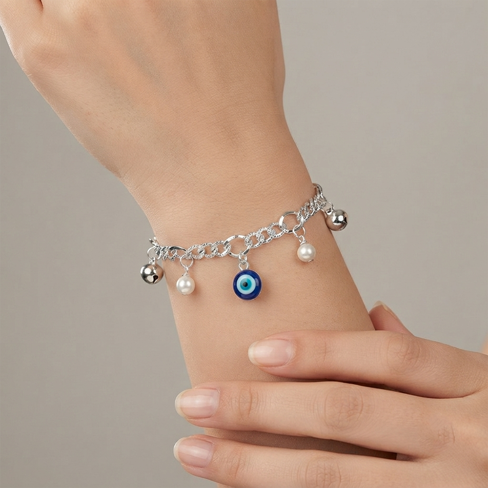 Urthn Fashionable Silver Plated With Evil Eye Shape Charm Bracelet with Pearl Drops(Pack Of 6)