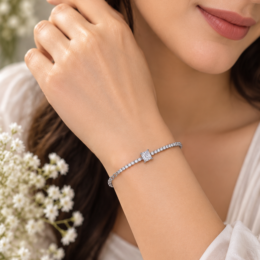 Urthn Everglow Silver Plated Rectangle Shape American Diamond Fashion Bracelet for Women(Pack Of 6)