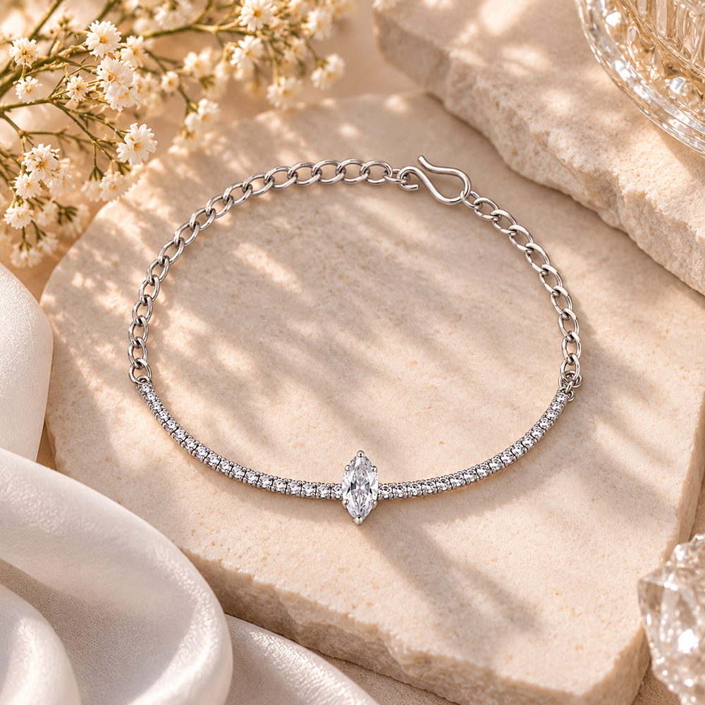 Urthn Everglow Silver Plated Rectangle Shape American Diamond Fashion Bracelet for Women