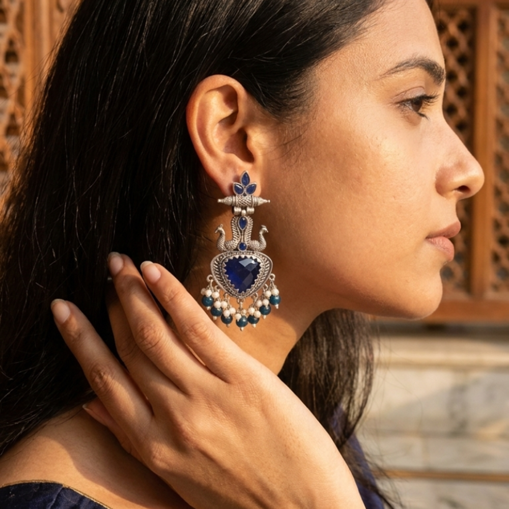 Wearhouse Fashion Oxidised Plated Pota Stone And Pearl Dangler Earrings