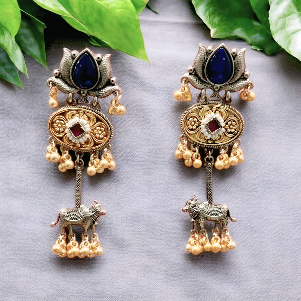 Wearhouse Fashion 2 Tone Plated Pota Stone And Pearls Dangler Earrings
