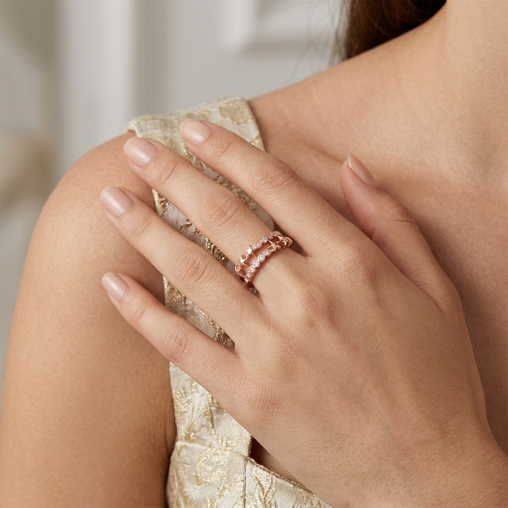 Urthn Rose Gold Plated American Diamond and Brass Adjustable Ring(Pack of 6)