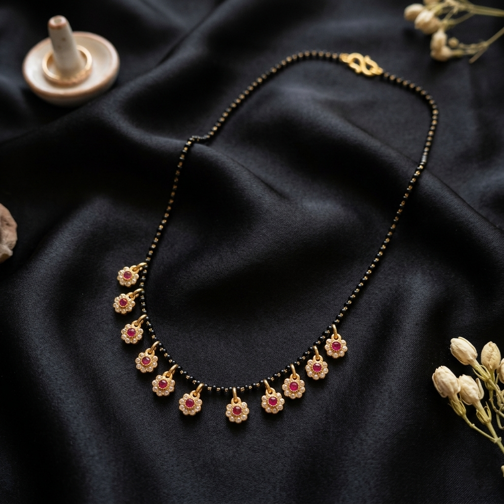 Urthn American Diamond Floral Charms Trendy Mangalsutra For Women (Pack of 3)