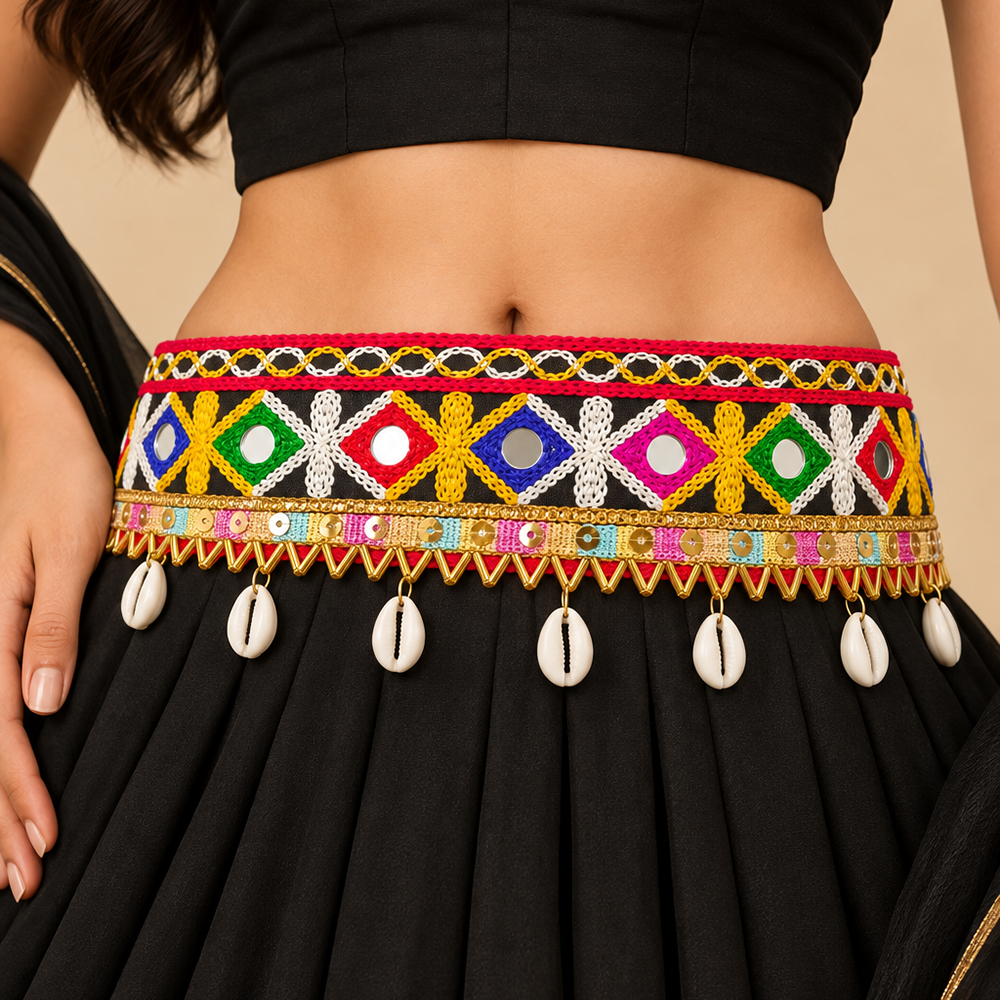 Urthn Vibrant Mirror Work Multicolor Pearl Assorted Design Kamarband Waist Belt for Navratri & Festive Occasions(Pack Of 3)